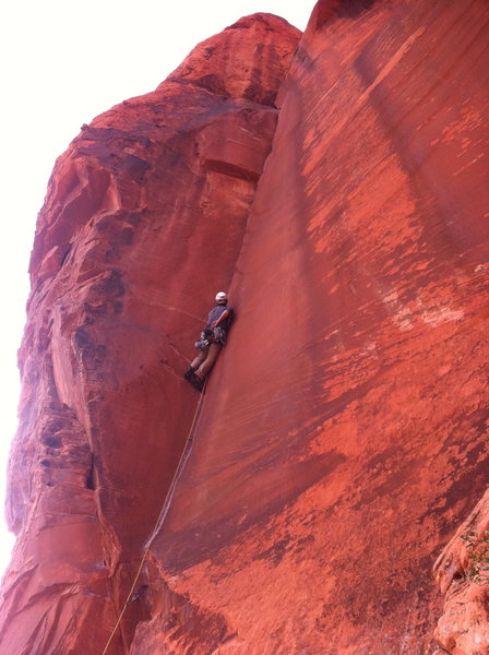Brady leads The Fox at the crack climbing clinic