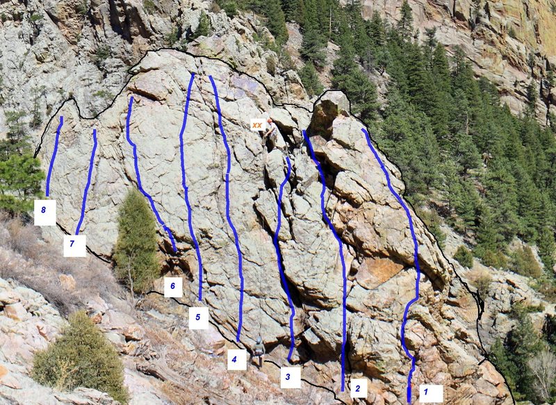 Info taken from Eldorado Canyon guidebook:<br>
<br>
1. Donald Duck, 5.7 PG-13.<br>
2. Lazy, 5.7 PG-13.<br>
3. Doc, 5.3 PG-13.<br>
4. Sneezy, 5.5 PG-13.<br>
5. P.A. Pops Up again, 5.5 PG-13.<br>
6. Sleep, 5.4.<br>
7. Dopey, 5.4 PG-13.<br>
8. Blind Man's View, 5.5 PG-13.<br>
<br>
The climber on the top is at the rap rings.