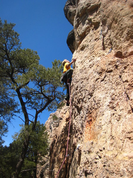 Setting up for the thin crux.