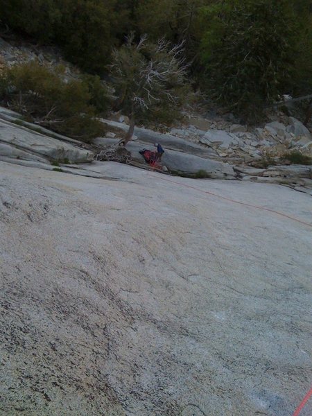 looking down 1st pitch of Serpentine.  My rope shows (most of) the curving line.