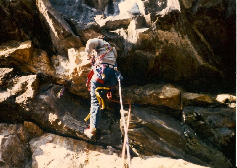 Scanned photo of FA of the aid route 'Tsunami'. Aid isn't all 'aid' climbing. This part was though and the escape or exit higher up was free climbed. Photographer, Tom Bowker