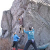 Sam Stephens on the FA of "Braveheart" (V2) on the Sunset Boulder, Highlands Area