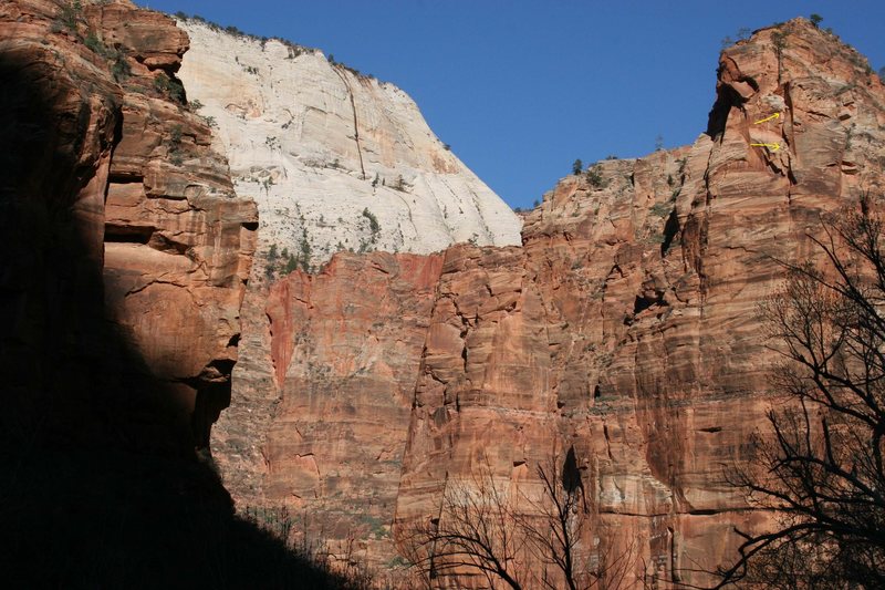 Matt and Brian on the wide upper pitch.  Yellow arrows are the climbers