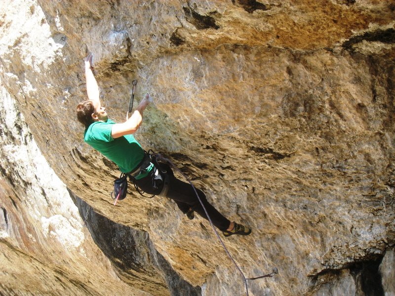 A slight huck to a good hold from the last mono on One Love.  On one burn I climbed to this point before my belayer noticed I was not actually on belay (!)