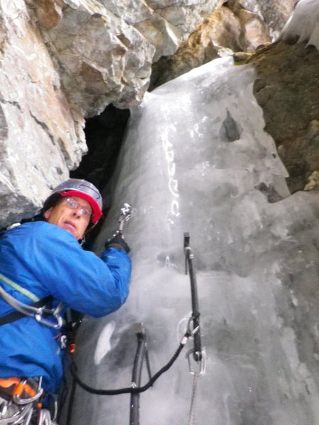 Frank got another photo of Eric about to start the only fat ice bit on the whole climb. Lean conditions to be sure, but warm weather and good company made for a grand adventure.  Our very own kiddie sized Eigerwand. I have read that BBB is similar to the climbing on the ramp pitches on the 1938 route.