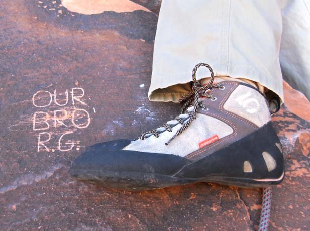 5.10 Grandstone shoe next to the Randal Grandstaff memorial on the Great Red Book.