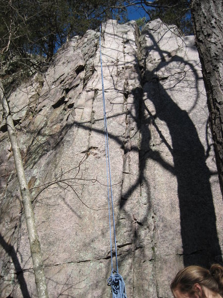 Up the face. The route ends left of the TR set up.