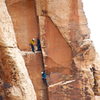 Climbers at 1st belay ledge of Red Zinger. Shot from Beulah's Book. 4/9/2011