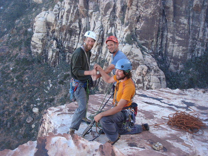 Matt, Ross and I at the final belay ledge of Geronimo.