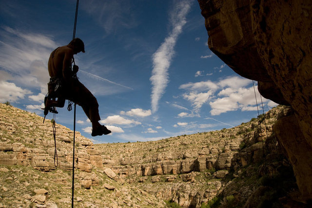 Rapping off the top of another new route in Chevelon Canyon.