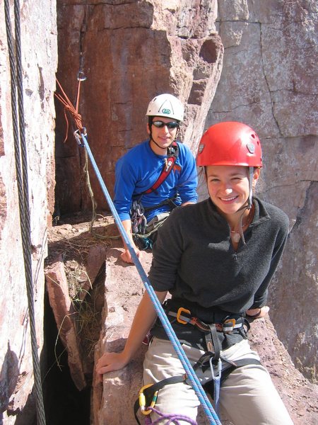 Mark and Laura at the first belay ledge on "Danger High Voltage" at Palisade Head, MN.