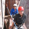 Mark and Laura at the first belay ledge on "Danger High Voltage" at Palisade Head, MN.
