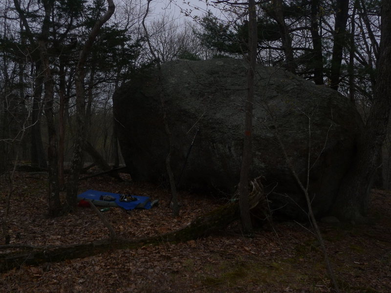 the lonely boulder.  up on the hill before you get to homeless camp. right off of the trail. 