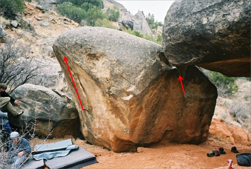 Pic of the smaller Holy Boulder.  Human Pinball is on the right topping out between the two boulders.  Project on the left.