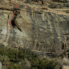 Derrydale Cliff:<br>
Red - Exilis Dihedral (5.9)<br>
Orange - Mammoth Poaching (5.10c)<br>
Yellow - Grand Old Pachyderm (5.9)