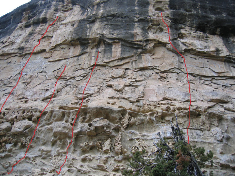 Left to Right <br>
Heucos from Hades 5.12,Undertaker 5.10<br>
Hells Bells 5.10a, La Santa Muerta 5.11a, (Buried alive 5.9 and Dog Heaven 5.9 both not picutred on right) <br>
