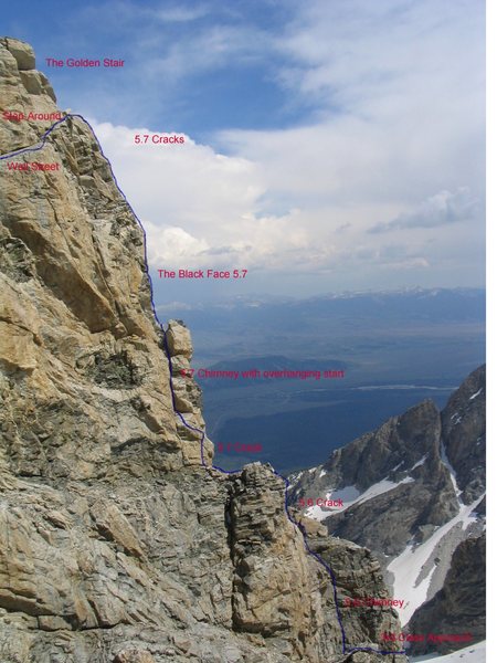 I know of no better photo or topo that shows the route better than this one.  There is a similar above, but this is more complete.  All 6 pitches can be seen.