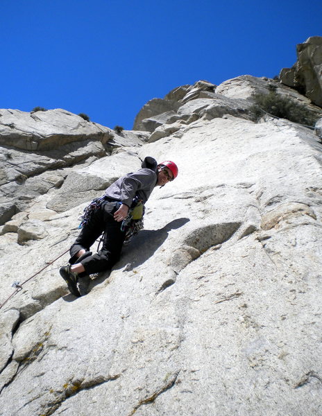 The 5.9 mixed start of Three Hour Buttress.  The 2nd, 3rd and 4th pitches follow involve bolted climbing following the arete where the dark and light rock meet.