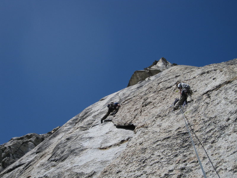 Adam Winters on the left variation of pitch 4, Jeremy Freeman belaying. 