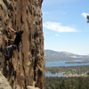 The Turret (5.8) at Castle Rock, with Big Bear Lake in the background.