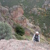 Nearing the top of the first pitch.  We were able to string the entire first buttress together with a 70m rope and a little simuling.