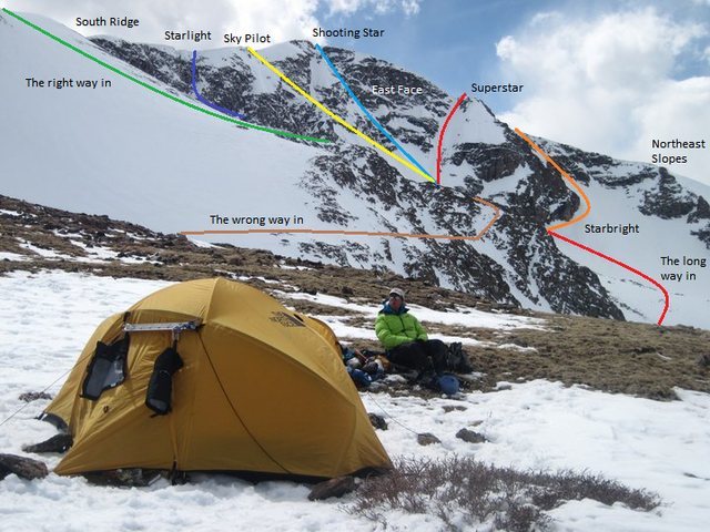 Some of the James Peak East Face routes.