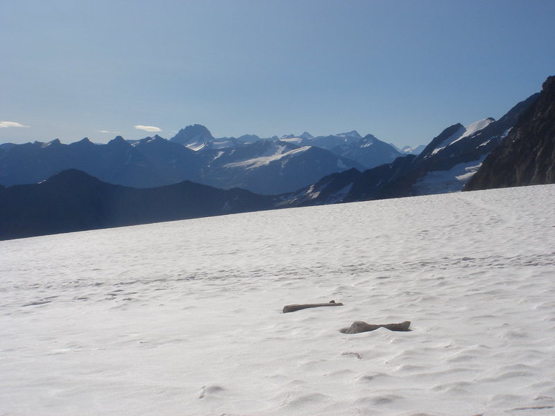 Looking south across the snow field below the Bugaboo/Snowpatch col.