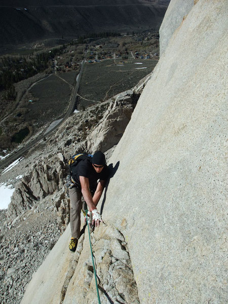 Tyson rounding the corner on P2 after the second crux.