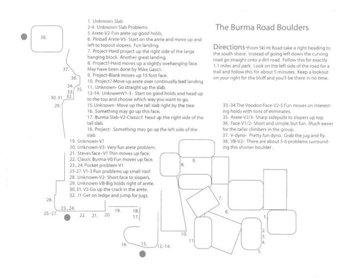 Topo of Burma Road boulders I found saved on my computer.  Created by Steve S. many years ago.