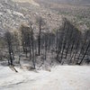 Looking down from the top of P1 (taken after the 2011 fire which destroyed the nice pine forest at the base of the route)