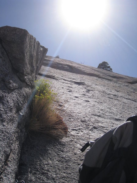 From our 4th belay (5th in the old topos) at the base of the right facing corner, looking up at our pitch 5 (P6 in old topo).  The corner protects nicely.