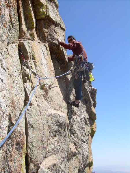 Wyatt turning the arete on pitch 5. We linked this pitch with the 5.7 gully finish