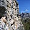 The traversing pitch of Abendrot, from the anchor near the end of pitch four on Highlight.