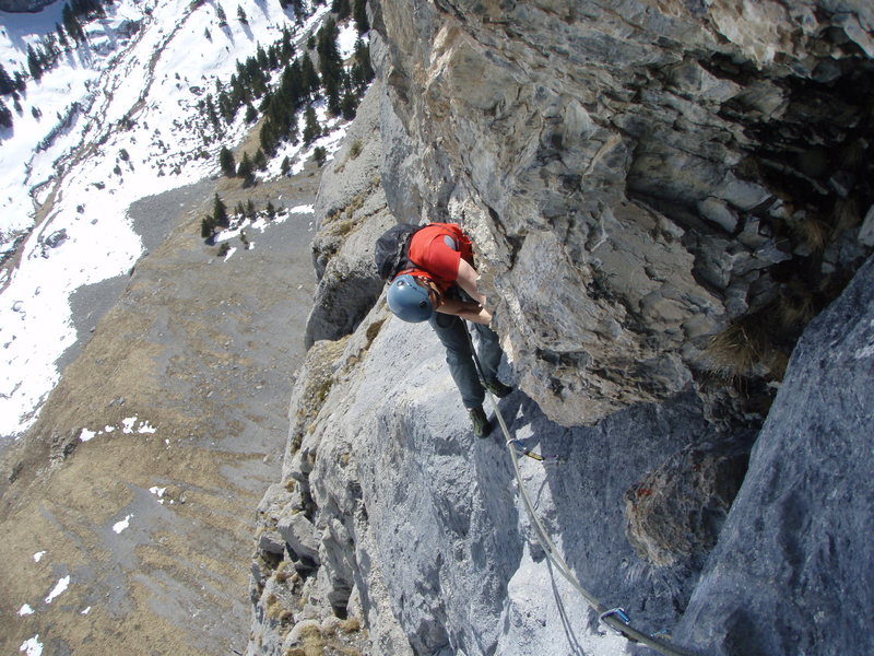 Tricky, airy layback moves just before the anchor at the end of pitch eight.