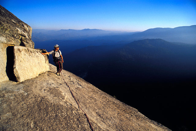 Matt Grieger nears the summit of the Magician Needle, with 12 pitches of adventure and another extraordinary day in the Needles behind him.  