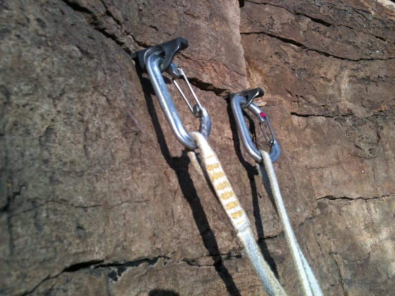 Classic knife blade anchor on the top of pitch 4 of Canyon Cruiser, Glenwood Canyon.