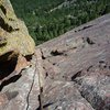 Looking down the massive Fandango dihedral from the North Arete.