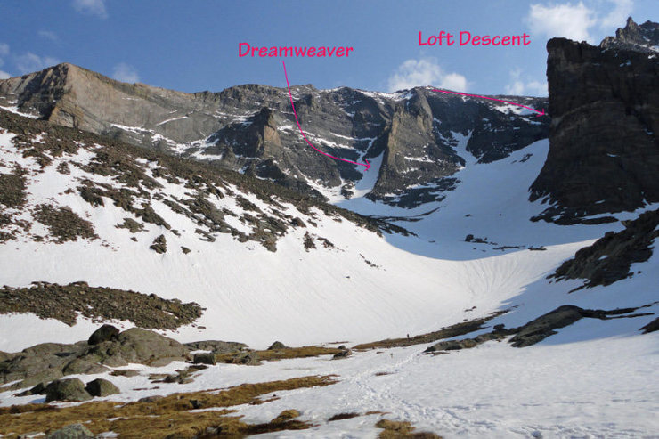 Looking back at the route. Who knew the traverse to Meeker's summit and the traverse and downclimb/rap would be the hardest part of the day?