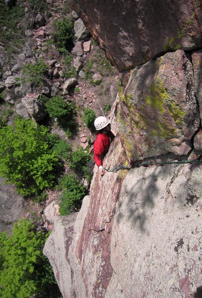 Joseffa Meir emerges from under the final, left most roof of 'Dead Left.' Photo by Tony B. 5/2011.