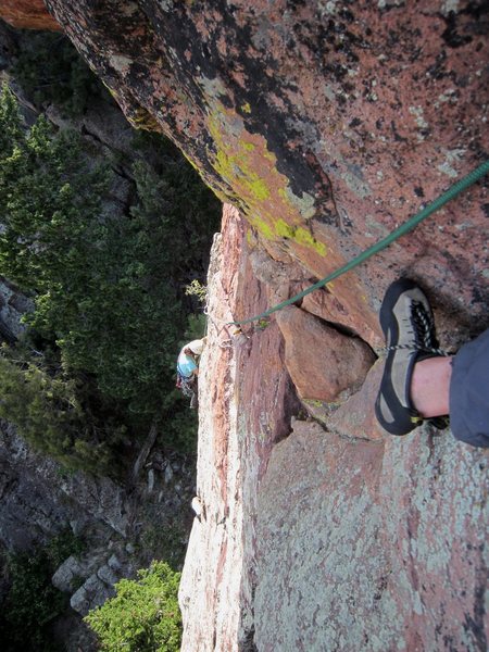 Joseffa above the crux roof of the Peters Out roof variation. Photo by Tony B, 5/2011.