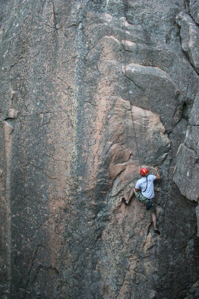 Chicken of the Sea: from the right leaning cracks at the bottom to the flakes up and left of the climber, then straight up past the rope seen in the photo.<br>
<br>
Photo credit: Seth Putnam