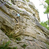 Michael McKay climbs through the delightful, steep opening moves of the Open Book, at Capen Park