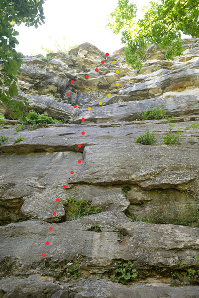 Route topo for the Russian Vault, at Capen Park.  The yellow dots indicate an easier variation at the top.