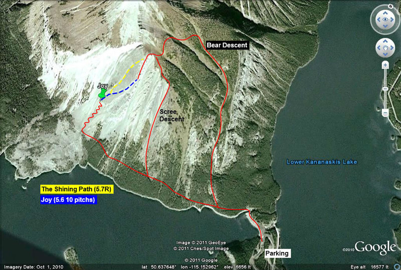 Joy and The Shining Path approach and descent. Bear Descent is approximate since we came down the scree shoot.