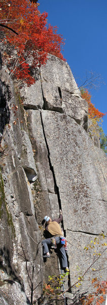 John Howard on Firebird 5.7, a route at Woodchuck just around the corner to the left of Ace of Spades, Zonked Out and Screaming Yellow Zonkers.<br>
The picture is a little blurry as it is two stitched together.