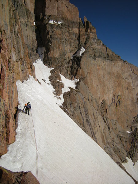 Traversing Broadway to the base of the climb.