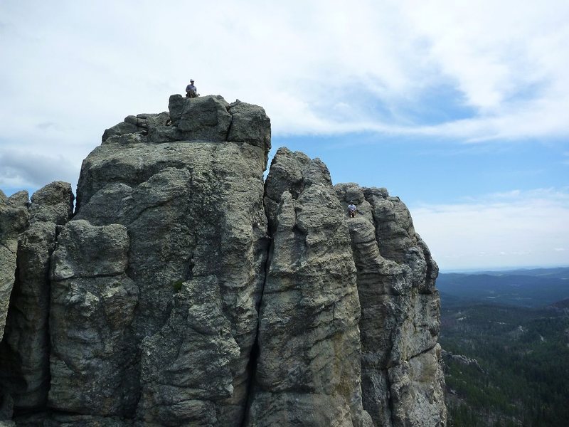 AJ and Travis on top of the separate summits of Spire 2.  From Spire 1.