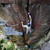 Placing the old school #4 Camalot in the lower handcrack. Summer 2011<br>
<br>
Photo Matt Kuehl