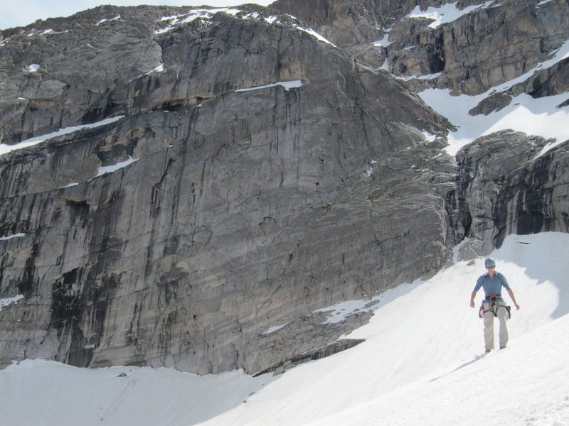 Descending the snowfield back to the base of Spearhead.  NE face of Chiefshead in the background.