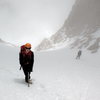 Nearing the top of the Mountaineer's Route main couloir as the clouds roll in.